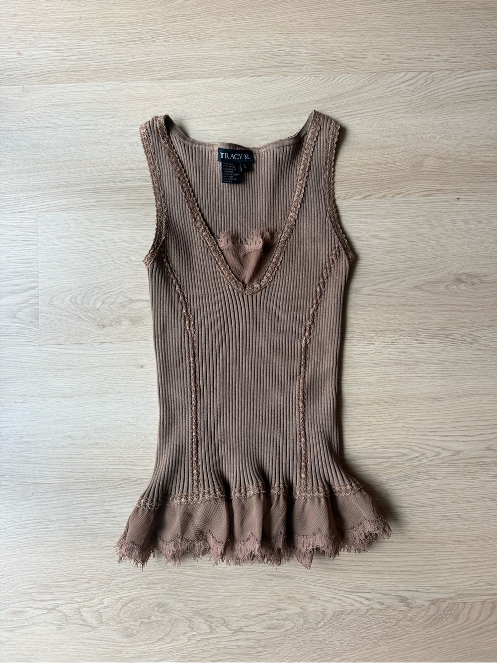 Vintage Y2K Silk Blend TRACY M Brown Ribbed V-Neck Tank Top